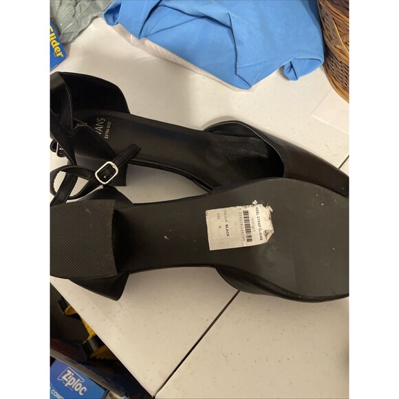 LADIES EVANS BLACK LEATHER CHUNKY HEELED SHOES SIZE 11 Elaine Extra Wide - Picture 5 of 6